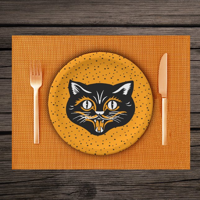 Plato De Papel Estrellas de la cara del gato de Halloween, negro  (Smiling Vintage black cat face with black stars on vibrant orange party paper plates.)