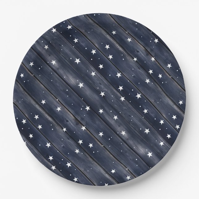 Plato De Papel Estrellas de madera azul rústico (Anverso)