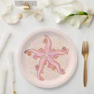 Plato De Papel Estrellas de mar y coral patrón pastel rosa