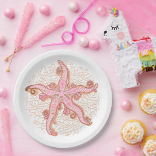 Plato De Papel Estrellas de mar y coral patrón pastel rosa