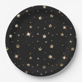 Plato De Papel Estrellas de Navidad de metal falso negro y dorado