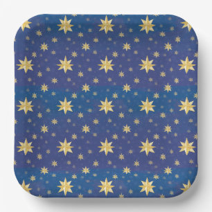 Plato De Papel Estrellas de Navidad doradas sobre azul