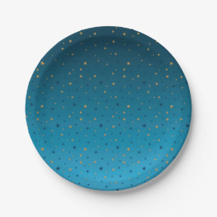 Plato De Papel Estrellas de oro en azul. 