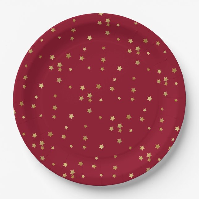 Plato De Papel Estrellas de oro Purpurinoso y rojas de vacaciones (Anverso)