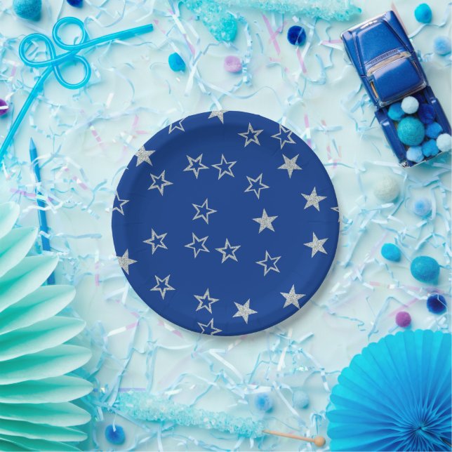 Plato De Papel Estrellas de plata azul (Fiesta)