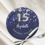 Plato De Papel Estrellas de plata azul marino Quinceanera<br><div class="desc">Por un fiesta de Quinceañera. Un color de fondo azul marino con estrellas falsas de plata. El color azul es desigual. Añade tu nombre,  texto.</div>