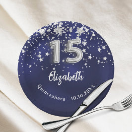Plato De Papel Estrellas de plata azul marino Quinceanera