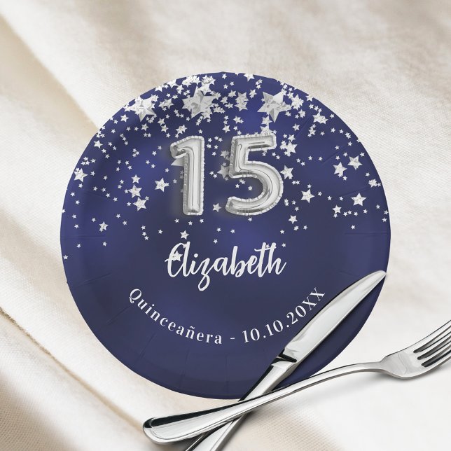 Plato De Papel Estrellas de plata azul marino Quinceanera (Subido por el creador)