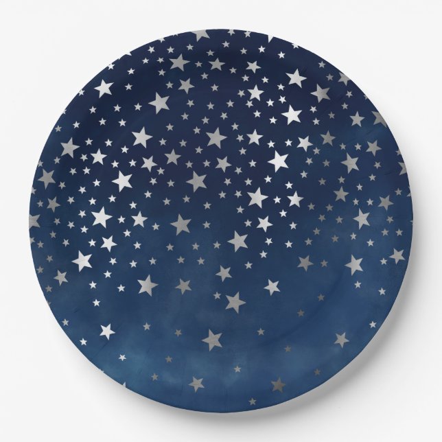 Plato De Papel Estrellas de plata en caída Celestial (Anverso)