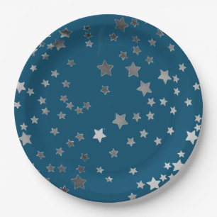 Plato De Papel Estrellas Dispersas sobre Azul