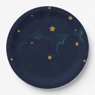 Plato De Papel Estrellas Doradas Cielo Nocturno Oscuro Azul Fiest