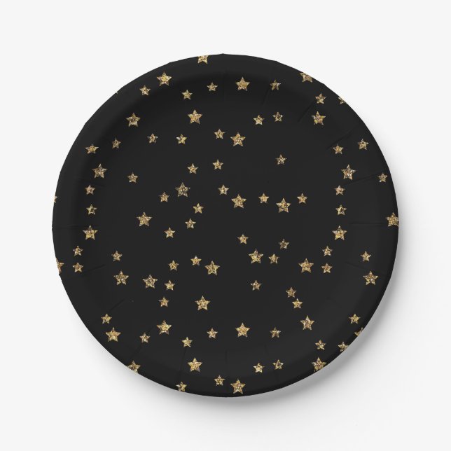 Plato De Papel Estrellas doradas de Confetti purpurina luce negro (Anverso)