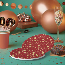 Plato De Papel Estrellas doradas sobre fondo rojo