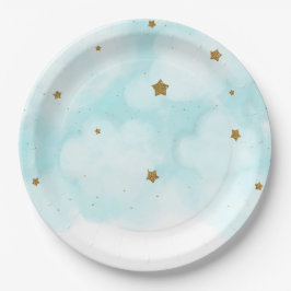 Plato De Papel Estrellas Doradas y Nubes de Cielo Azul Fiesta de