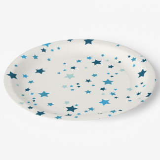 Plato De Papel Estrellas en múltiples tonos azules sobre blanco