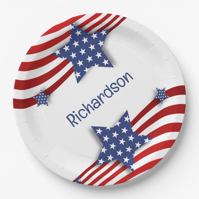 Plato De Papel Estrellas patrióticas y bandas personalizadas (Anverso)