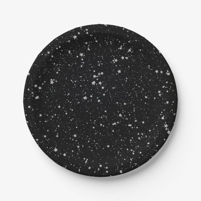 Plato De Papel Estrellas Purpurinas2 - Negro plateado (Anverso)
