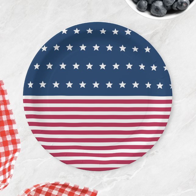 Plato De Papel Estrellas rojas blancas y azules Estrellas 4 de ju (Red White and Blue Stars Stripes 4th of July Party Paper Plates)