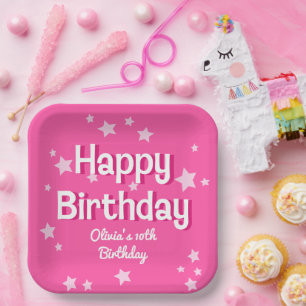 Plato De Papel Estrellas rosadas de Bonito retro Feliz cumpleaños