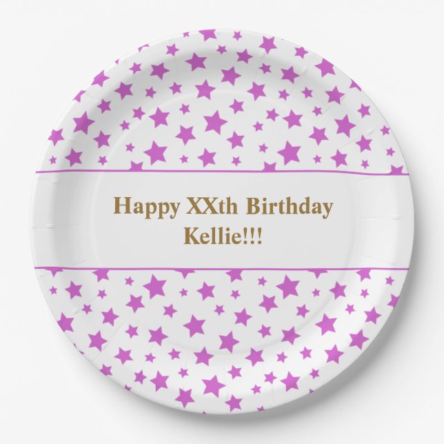 Plato De Papel Estrellas rosadas personalizados con fiesta de cum (Anverso)