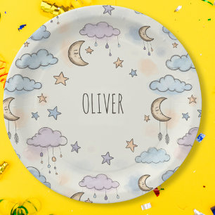 Plato De Papel Estrellas soñadoras, lunas y nubes esponjosas 
