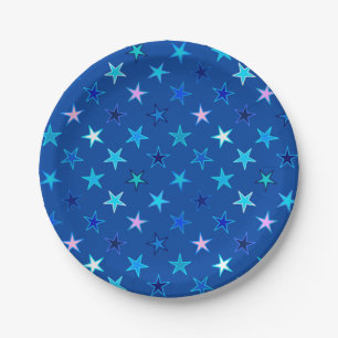 Plato De Papel Estrellas Twinkling modernas, azul cobalto y turqu