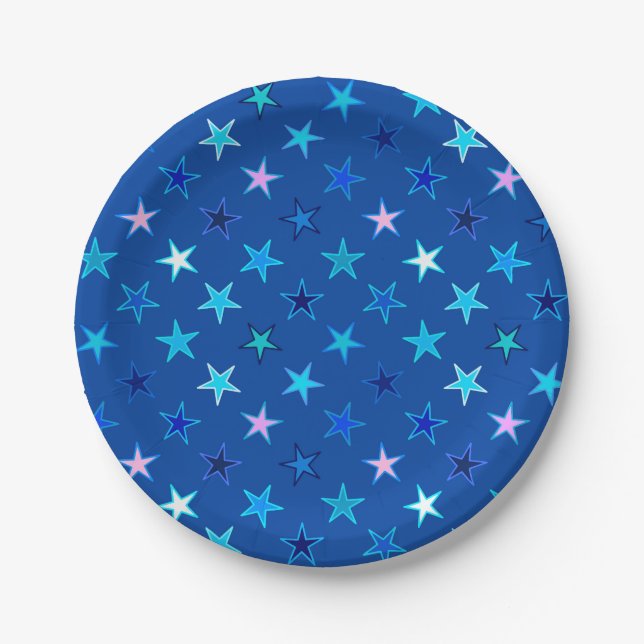 Plato De Papel Estrellas Twinkling modernas, azul cobalto y turqu (Anverso)