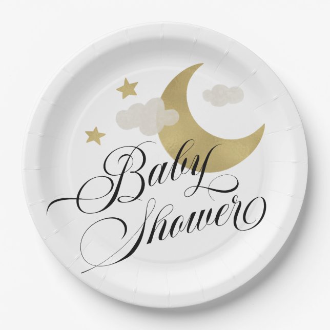 Plato De Papel Estrellas y nubes lunares de Baby Shower (Anverso)