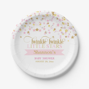 Plato De Papel Estrellitas Brillantes Gemelas Baby Shower Rosa Do