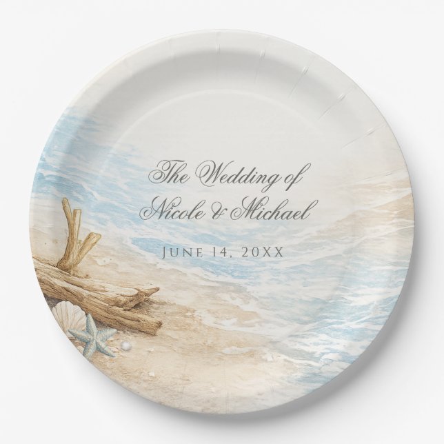 Plato De Papel Eterntal Tides Coastal Watercolor Beach Wedding (Anverso)