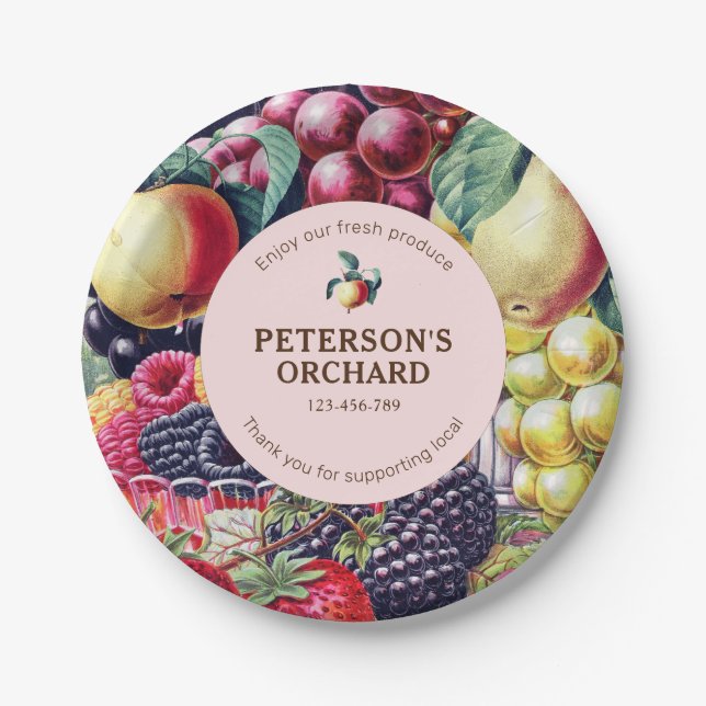 Plato De Papel Etiqueta de agricultor local de frutas de cosecha  (Anverso)