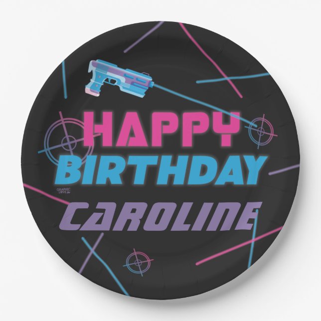 Plato De Papel Etiqueta láser Pink Purple Blue Happy Birday (Anverso)