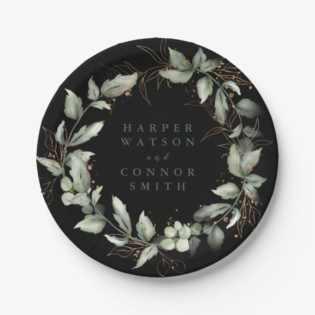 Plato De Papel Eucalipto Botánico Premium Negro Oro Verde (Anverso)