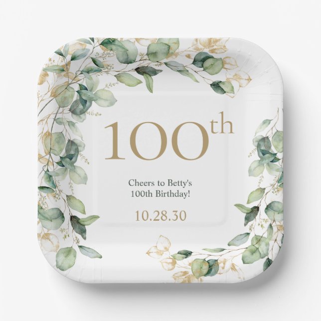 Plato De Papel Eucalipto de cumpleaños número 100 (Anverso)