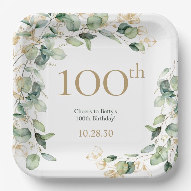 Plato De Papel Eucalipto de cumpleaños número 100 (Anverso)