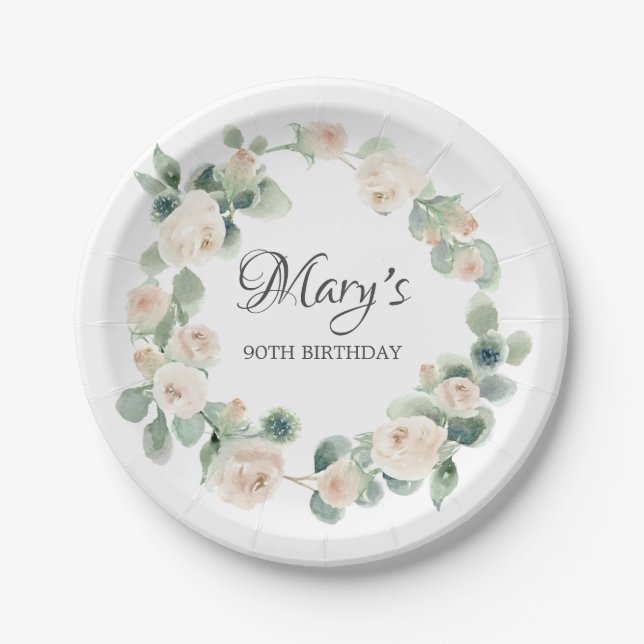 Plato De Papel Eucalipto de rosa blanca 90 Placa de papel de cump (Anverso)
