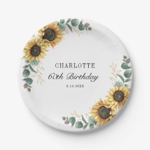 Plato De Papel Eucalipto Floral de girasol 60º cumpleaños