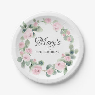 Plato De Papel Eucalipto Rosa 90º Cumpleaños
