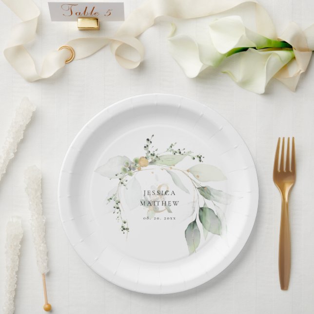 Plato De Papel Eucalipto verde y dorado moderno (Boda)