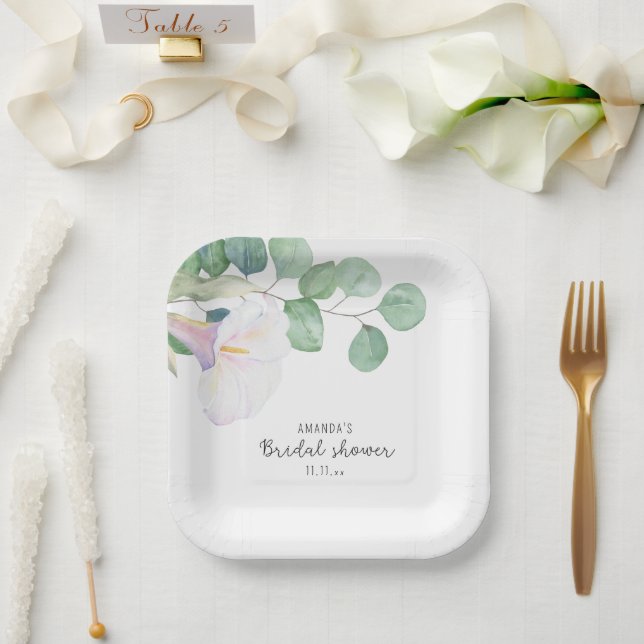 Plato De Papel Eucalipto y flor de la calla - ducha de novia (Boda)