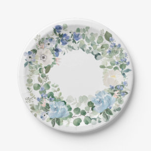 Plato De Papel Eucalipto y Floral Azul Claro Cottage Core