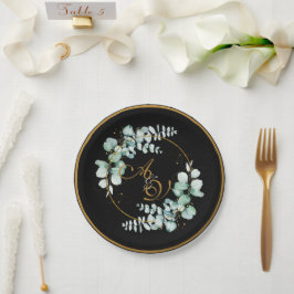 Plato De Papel Eucalipto y oro en boda personalizada negra 