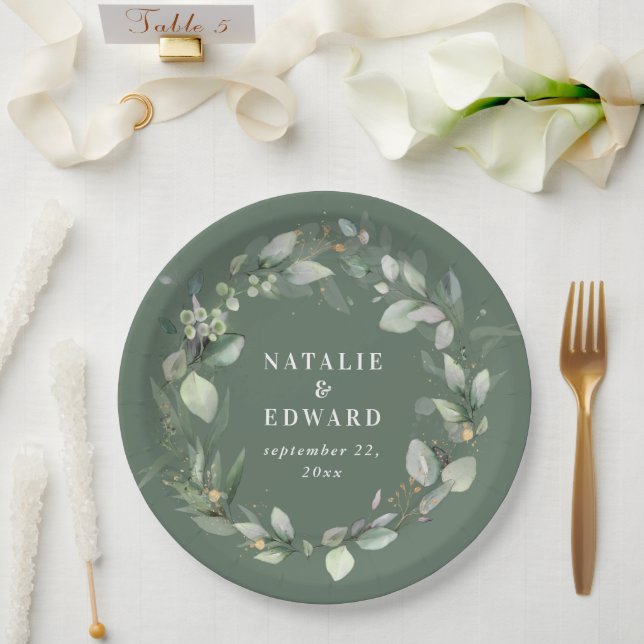 Plato De Papel Eucalyptus acuarela boda verde botánico (Boda)