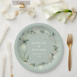 Plato De Papel Eucalyptus acuarela sabio botánico boda verde