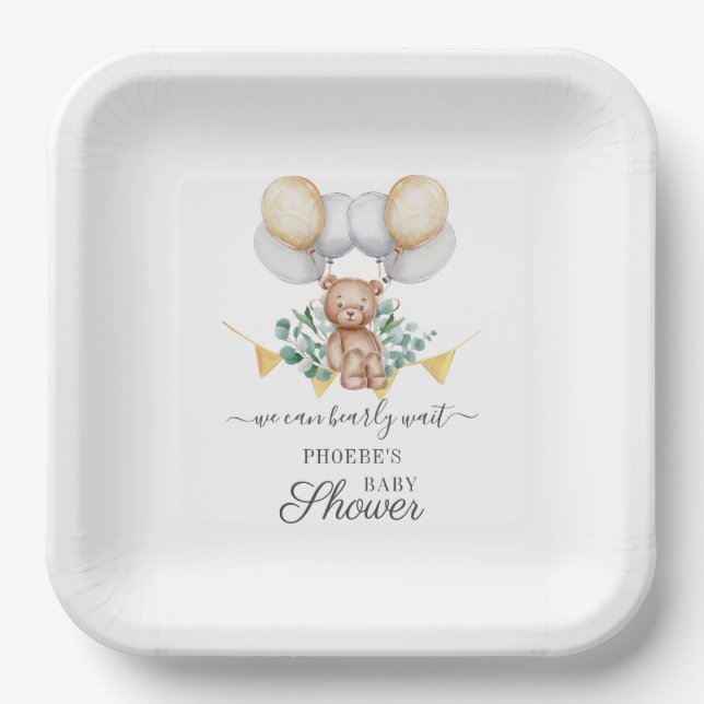 Plato De Papel Eucalyptus Baby Shower Bearly Wait Bear & Balloons (Anverso)