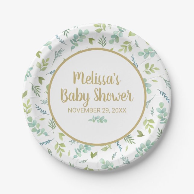 Plato De Papel Eucalyptus Baby Shower Greenery Botánico (Anverso)