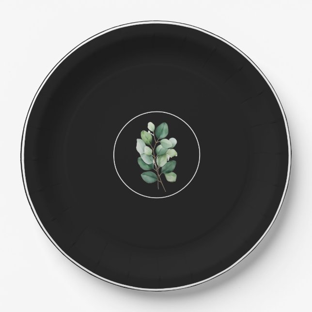 Plato De Papel  Eucalyptus Black Upscale Wedding Paper Plates (Anverso)