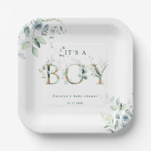 Plato De Papel Eucalyptus Botanical Gold Letter Boy Baby Shower