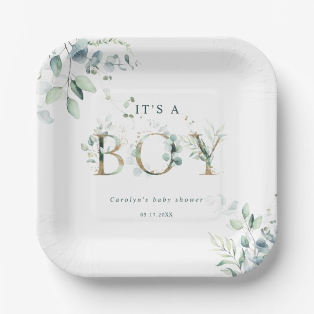 Plato De Papel Eucalyptus Botanical Gold Letter Boy Baby Shower (Anverso)