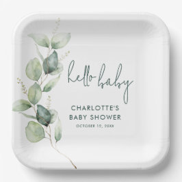Plato De Papel Eucalyptus Botanical Script Baby Shower